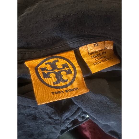 Women 10 Tory Burch 100% Silk Navy Blouse Shirt Top Collared Button Tie Neck - Picture 7 of 7